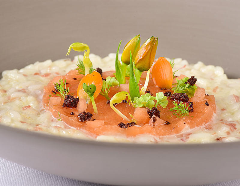 Risotto au speck dans un jardin de melon