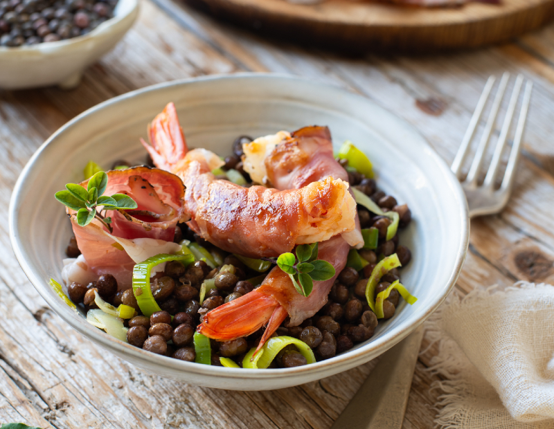Roasted King Prawns with Speck Alto Adige and Roveja Peas
